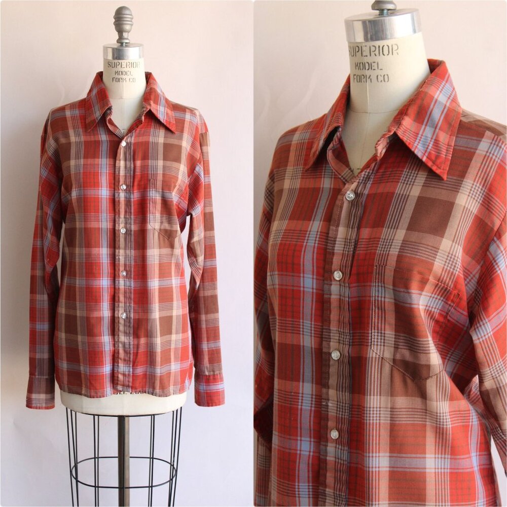 Vintage 1970s Shirt, Viking Dagger Collar Orange Plaid Tratan Button Down Blouse